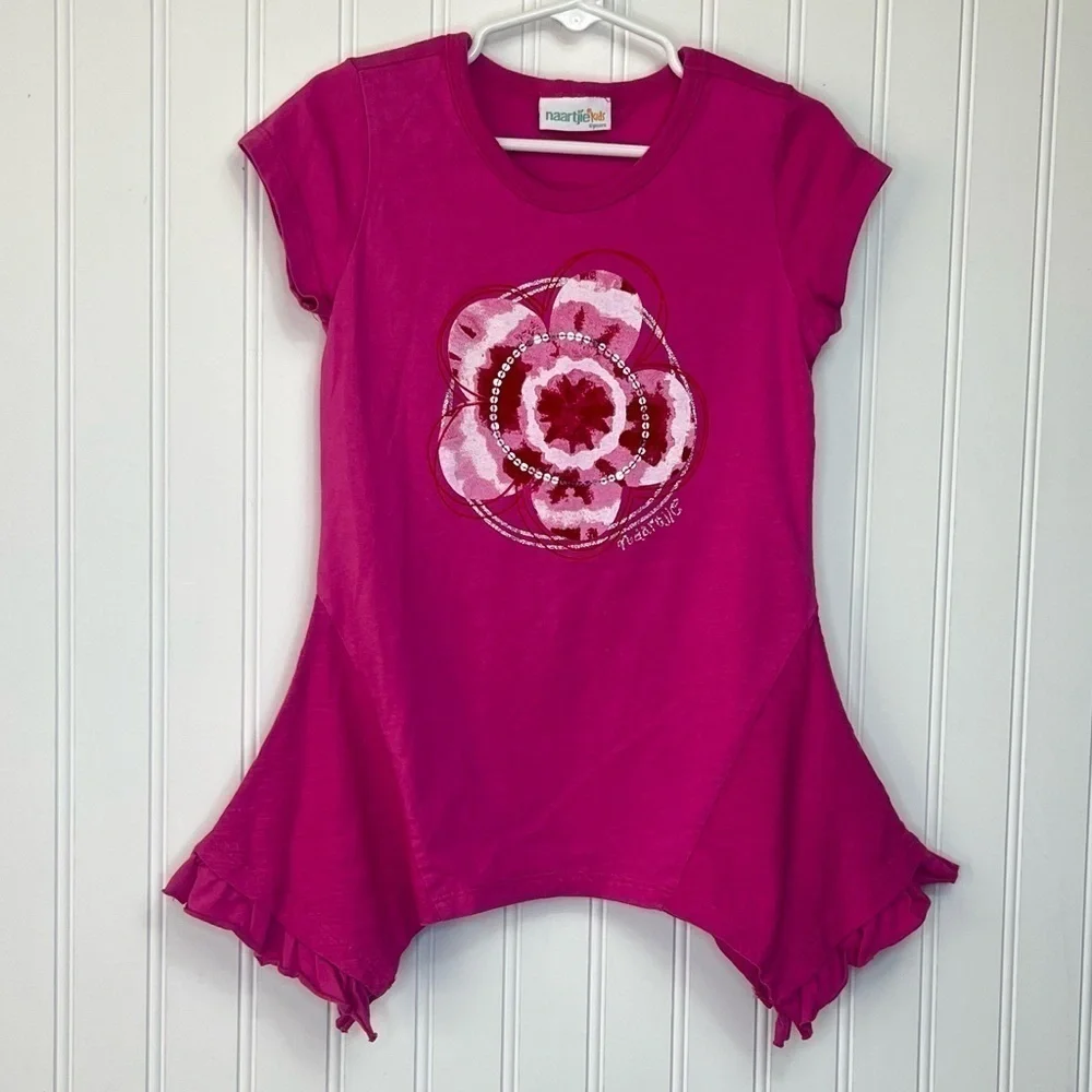 Naartjie Girls Short Sleeve Asymmetrical Tie Dye Tunic Fuchsia Size 6